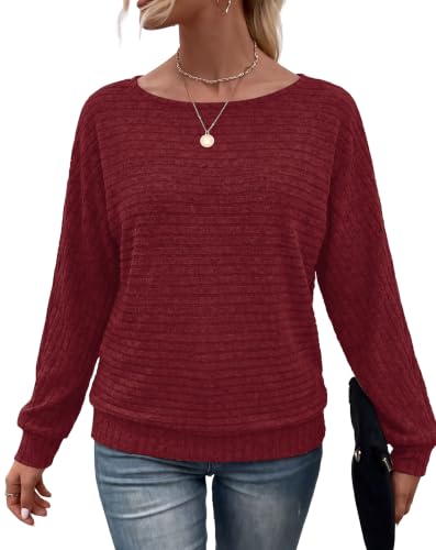 Sampeel Long Sleeve Shirts for Women Crewneck Tunic Tops Oversized Sweaters - color: Burgundy, size: Medium