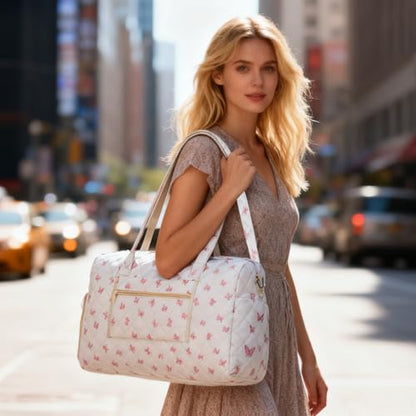 Quilted Duffle Bag for Women, Bow Print Weekender Overnight Travel Bag - color: Small Dot Print
