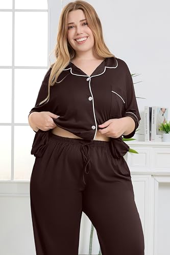 Women Plus Size Button Down Pajamas Long Pants Lounge Sets PJS - color: Brown, size: XX-Large