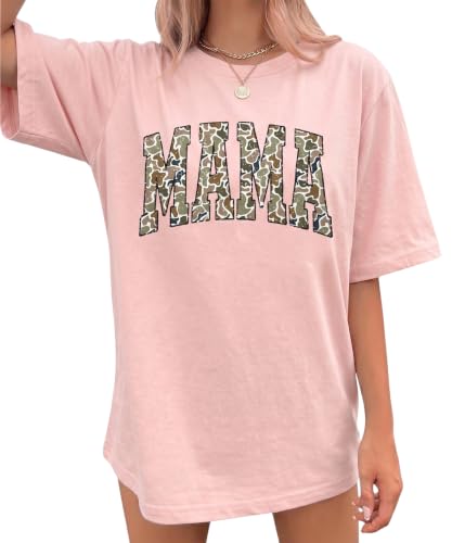 Oversized Mama Shirts for Women Camo Mama Letter Print Tshirt Mom Life Tops - color: Pink, size: Medium
