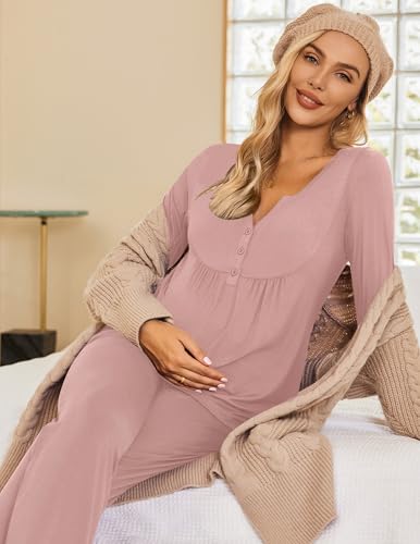 Ekouaer Maternity Nursing Pajama Set Long Sleeve Postpartum Pjs Mom Clothes - color: Mauve, size: Medium