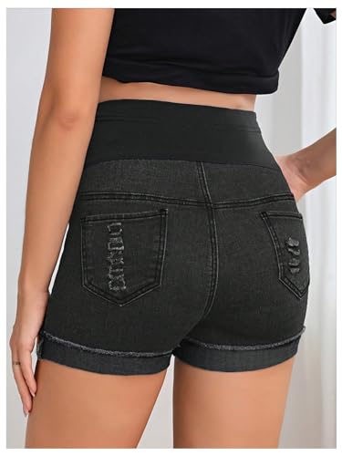 BEAUDRM Women's Maternity Adjustable High Waist Denim Mini Shorts - color: Solid Black, size: Small