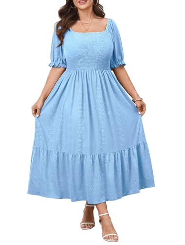 CICIDUDU Plus Size Casual Summer Milkmaid Maxi Dresses for Curvy Women - color: Blue, size: 3X-Large Plus
