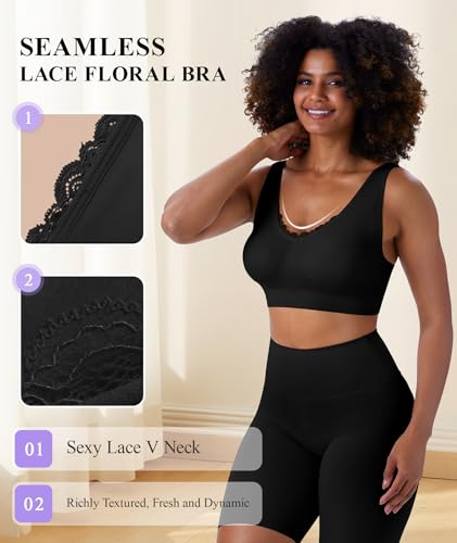 Bras for Women No Underwire Lace V-Neck Wireless Bra Wireless Sleep Bras - color: 3 Pack-black, size: XX-Large