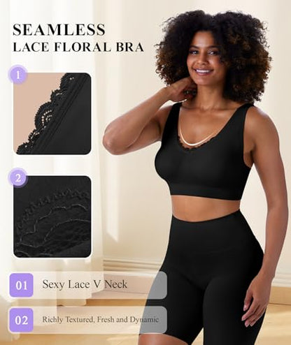 Bras for Women No Underwire Lace V-Neck Wireless Bra Wireless Sleep Bras - color: 3 Pack-black, size: X-Large