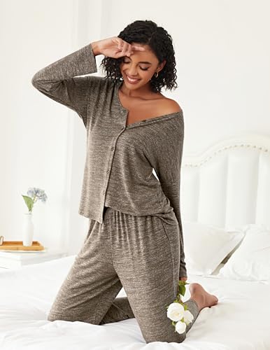 Ekouaer Womens Pajama Sets Button Up Long Sleeve Lounge Set Soft V Neck Pj - color: Brown, size: Large