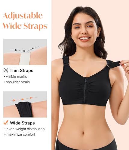CYDREAM Zip Front Closure Wireless Bras for Women Post Surgery Compression - color: Black, size: Large