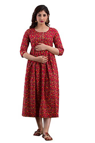 Women's Pink Cotton Pregnancy & Breastfeeding Maxi Dress - color: Red, size: Medium