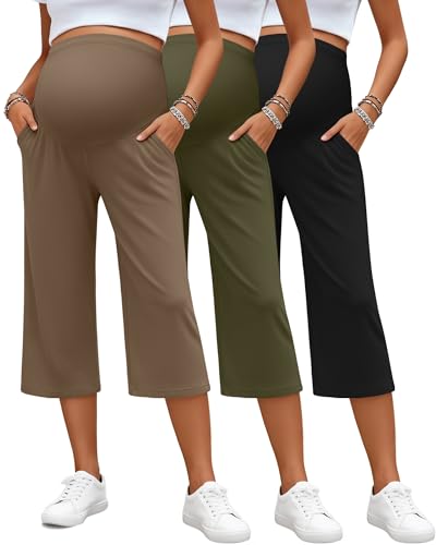 3 Pack Women's Maternity Capris - color: Black, Army Green, Coffee, size: X-Large