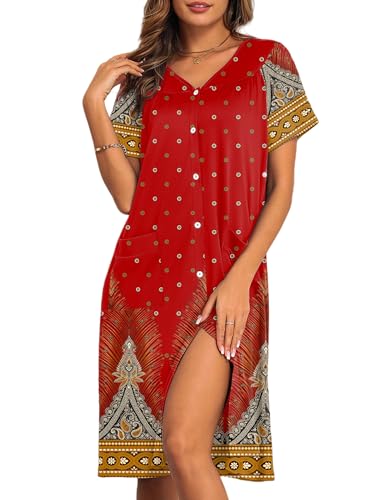 Ekouaer House Dress for Women with Pockets Button Down Nightgowns Moo Moos - color: Ethnic Red, size: Medium