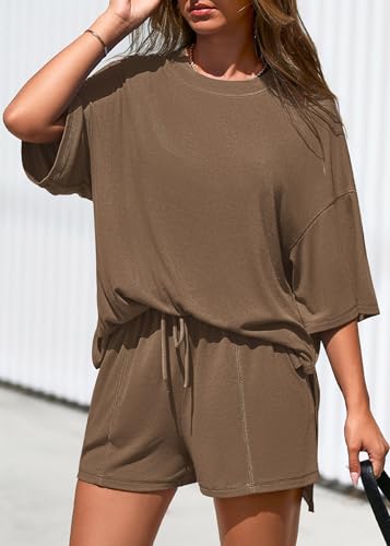 KIRUNDO 2 Piece Sets for Women Summer Lounge Sets Casual - color: Dark Khaki, size: X-Large