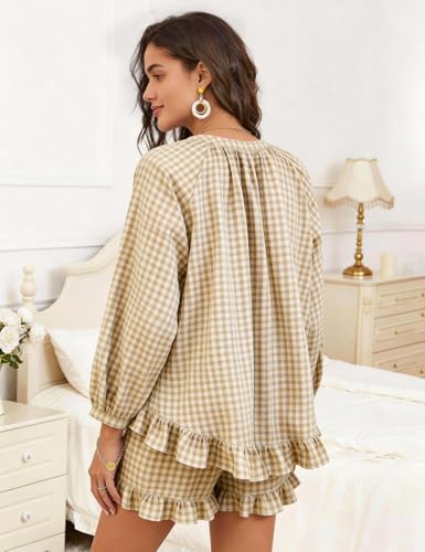 Flygo Womens Gingham 2 Piece Pajama Sets Y2K Cotton Ruffle Short Sets - color: Brown, size: Small