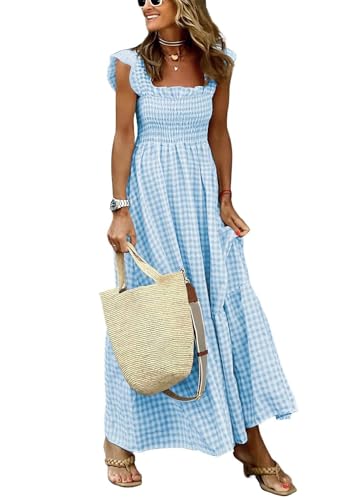 Women's Sleeveless Strap Retro Plaid A-Line Smocked Maxi Long Dress with Ruffled Hem - color: Sky Blue, size: XX-Large