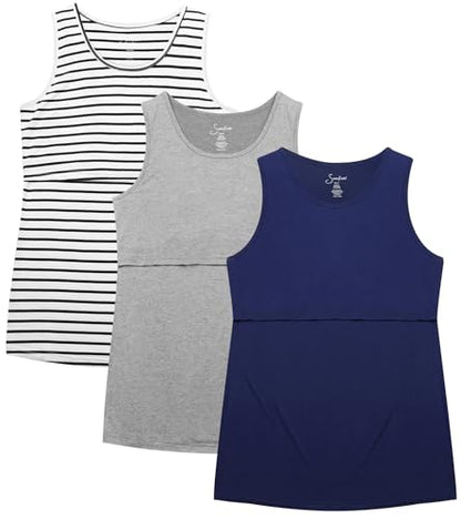 Sosolism Women’s Maternity Nursing Tank Tops 3-Pack S-XXL - color: Blue/Striped/Grey, size: Large