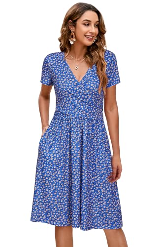OUGES Women's Wrap V Neck Summer Casual Maternity Nursing Dress - color: Blue Yellow Floral, size: Medium
