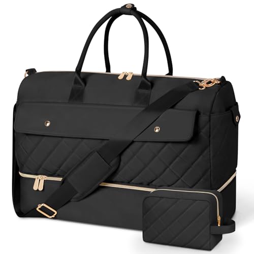 Wedama Weekender Bags for Women, Large Travel Duffel Bag with Shoe Compartment, Carry on Overnight Bag with Toiletry Makeup Bag, Gym Duffel Bag Travel Tote Bag for Travel Gym Camping Hospital, Black - color: Black, size: Large