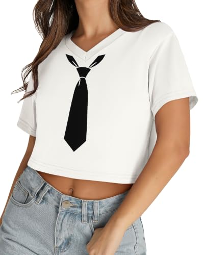 Womens Crop Tops Short Sleeve V Neck Summer Cropped T Shirts Baisc Tees - color: Black Tie, size: Small
