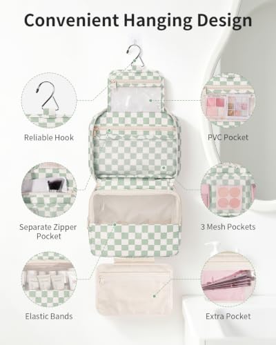 Narwey Hanging Travel Toiletry Bag for Women, Large Makeup Cosmetic Bag - color: A-Mint Green Checkerboard