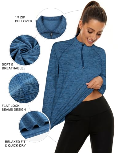 LURANEE Womens UPF 50+ Long Sleeve 1/4 Zip Pullover Athletic Hiking Running Workout Tops - color: Dark Blue-2, size: Small