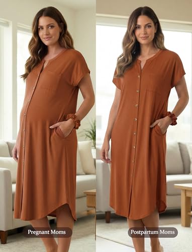 PATPAT Maternity Nursing Dress, Womens Button-Down Midi Dress with Pockets - color: Burnt Orange, size: X-Large
