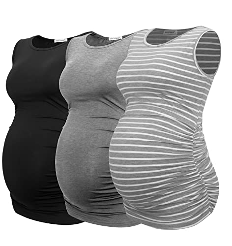 Smallshow Women's Maternity Tank Tops Sleeveless Ruched Pregnancy Clothes 3-Pack - color: Black/Light Grey/Grey Stripe, size: Medium