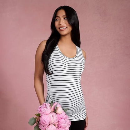 Motherhood Maternity Women's Side Ruched Scoop Neck Pregnancy Tank Top - color: White/Black Stripe, size: Large