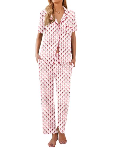 Ekouaer Womens Pajamas Set Short Sleeve Button Down Top & Pants Lounge Pjs - color: Flowers Bf376, size: Medium