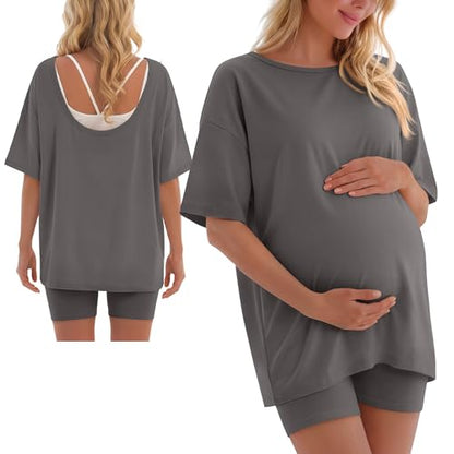 2 Piece Women Maternity Set Pregnancy Outfit - color: Gray, size: Large