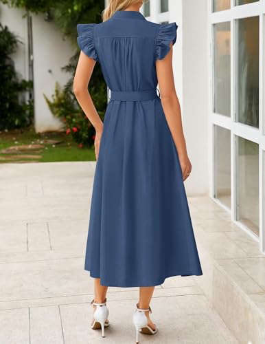 ZESICA Womens Summer Button Midi Dress Casual Work Dresses - color: Navy, size: Large