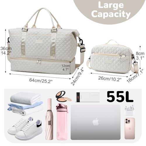 55L Travel Duffle Bag for Women, Large Overnight Weekend Bag, White - color: white
