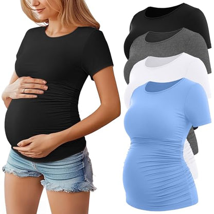 Huukeay 4 Pack Women's Short Sleeve Maternity Tops - color: Black, White, Dark Gray, Light Blue, size: Medium