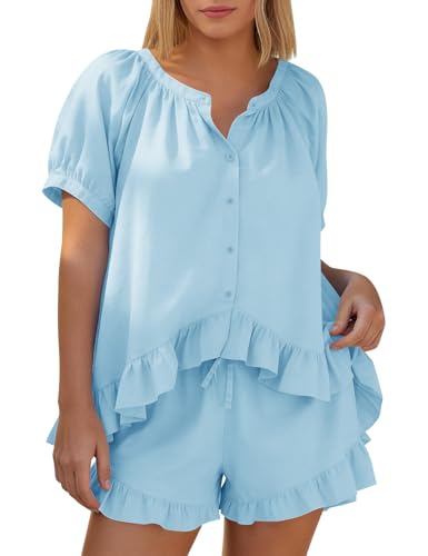 Kissonic Womens Pajamas Set 2 Piece Cotton Ruffle Summer Shorts Sets - color: Blue, size: Medium