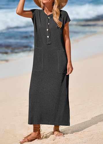 KIRUNDO Womens Summer Ribbed Knit Short Sleeve Maxi Dress - color: Black, size: XX-Large