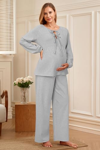 OUGES Womens Cotton Blend Maternity Pajama Sets Tie Front Loungewear Pregnancy Sleepwear Top & Long Pants with Pockets - color: Grey, size: Large