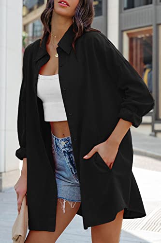 FSHAOES Womens Oversized Button Down Shirts Casual Loose Long Sleeve Solid Lapel Long Blouses Tops with Pockets - color: 02-black, size: Medium