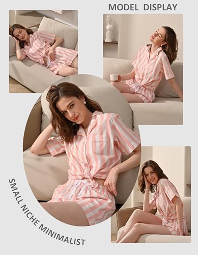 NAP BOUND 100% Cotton Pajamas Set for Women 2 Piece PJs Set - color: Light Pink Striped, size: X-Small