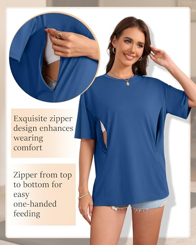 3 Pack Women's Oversize Nursing Tops - color: Hazy Blue, Khaki, Black, size: Large