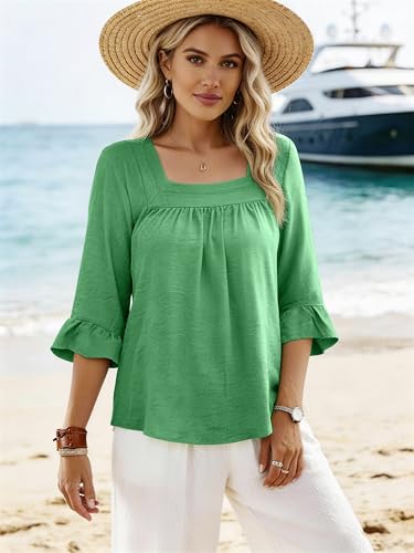 Bulotus Womens Plus Size Tops Square Neck Blouse Boho Top Chiffon 3/4 Sleeve Ruffle Shirt Cute Tunic 2026 Spring Summer - color: Green, size: X-Large Plus