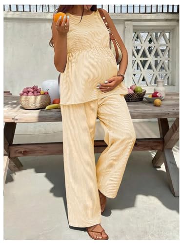 MakeMeChic Women's Maternity 2 Piece Outfits Striped Tank Top and Pants - color: Yellow, size: X-Small