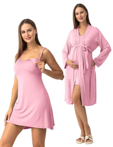 SUNNYBUY Nursing Nightgown & Maternity Robe Set for Postpartum Sleepwear - color: Pink, size: X-Large