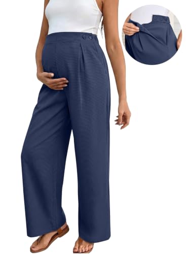 BLENCOT Maternity Pants Work Waffle Knit Wide Leg Pregnancy Trousers - color: Navy Blue, size: Medium