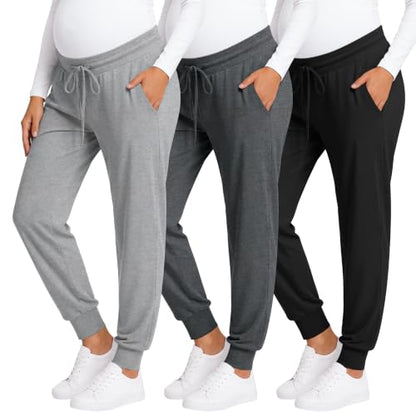 3 Pack Women Maternity Pants Pregnancy Lounge Jogger - color: Black, Dark Gray, Light Gray, size: Medium