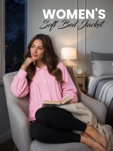 Casual Nights Women's Chenille Bed Jacket, Button Front Long Sleeve Sleep Top with Pockets - color: Pink, size: 3X