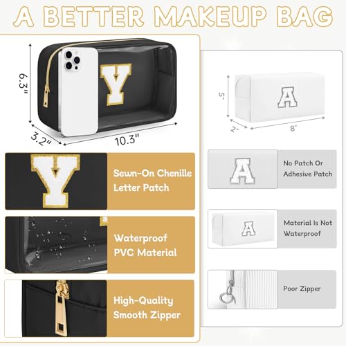Initial Clear Makeup Bag, Birthday Gift Chenille Patch Cosmetic Bag - color: Black, size: Y