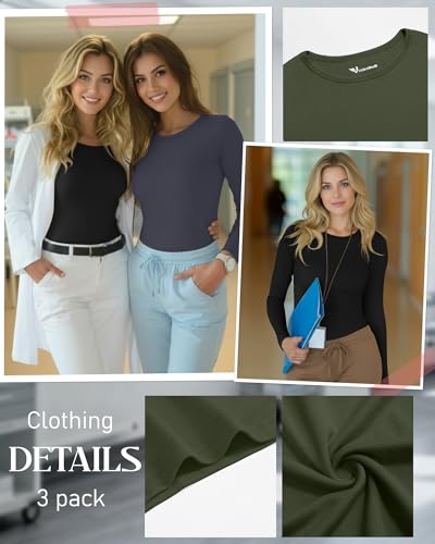 3 Pack Womens Long Sleeve Underscrub Shirts - color: Black, Dark Gray, Army Green, size: Large