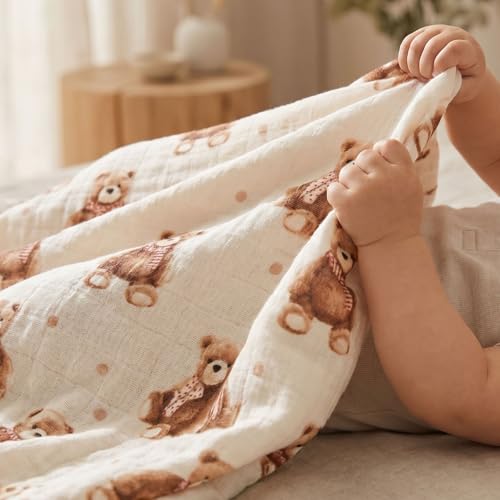 Muslin Swaddle Blankets for Newborn, Cotton Receiving Blanket - color: Bear Checkered