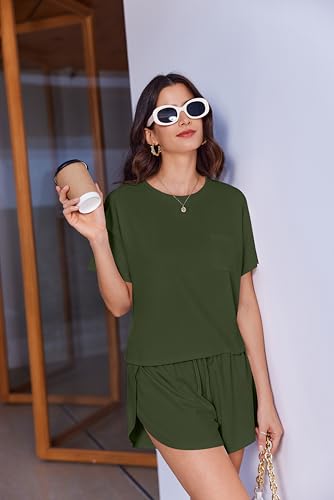 Ekouaer Womens Pajama Sets Sexy Lounge Sets Side Split Short Pj Sets - color: Army Green, size: X-Small