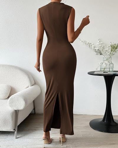 BTFBM Women Ruched Bodycon Maxi Dresses Summer Casual - color: Coffee, size: Small