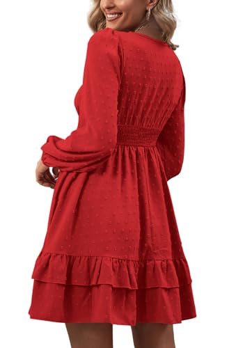 Rooscier Women's Wrap V Neck Swing Ruffle Swiss Dots Long Sleeve Mini Dress - color: Solid Red, size: X-Small