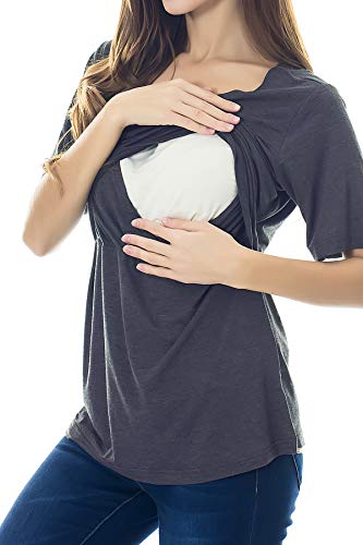 Smallshow Women's Maternity Nursing Tops Short Sleeve Breastfeeding Clothes - color: Black Stripe/Dim Grey/Light Grey(3 Pack), size: Large